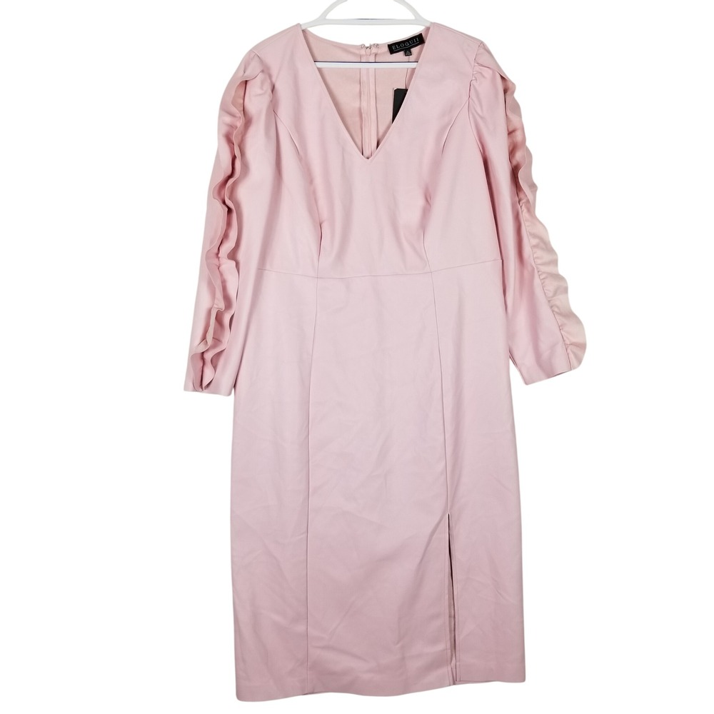 ELOQUII Faux Leather Dress Women‎ 18 Pink Ruffle Sleeve V-Neck Midi Slit